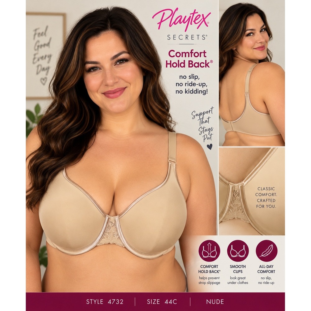 Playtex Secrets 4732 Comfort Hold Back Underwire Bra Nude 44C